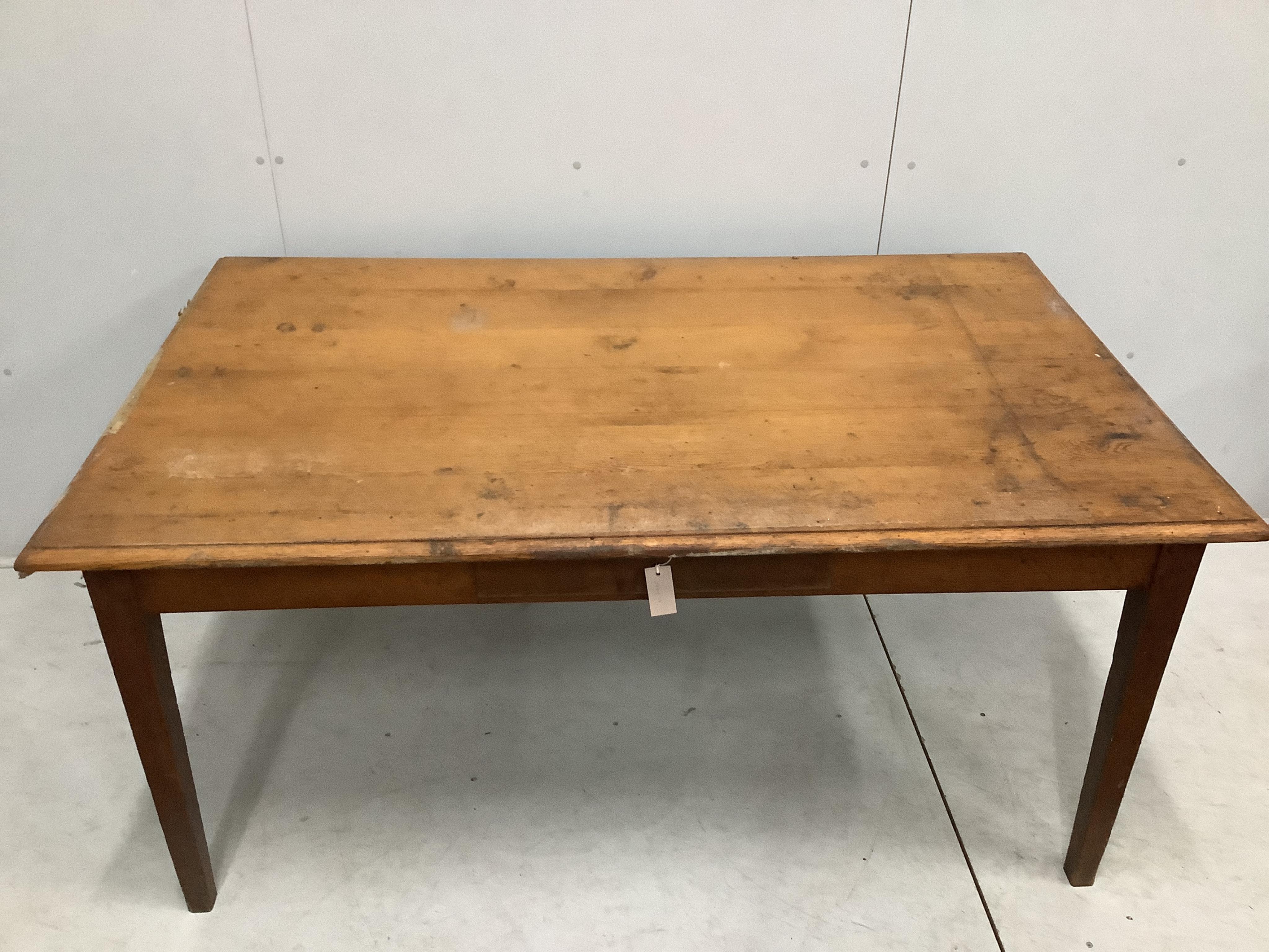 A 19th century French rectangular oak kitchen table, width 160cm, depth 98cm, height 74cm. Condition - poor